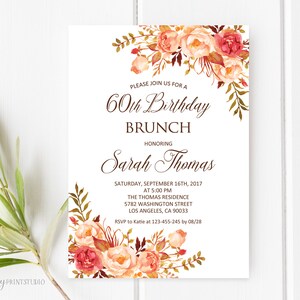 Birthday Brunch Invitation, 60th Birthday Invitation, Fall Invitation, Any Age Birthday Invite, PERSONALIZED, Digital file, #W80