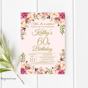60th Birthday Invitation, Floral Blush Pink Birthday Invitation, Any Age Birthday Invite, PERSONALIZED, Digital file, #W08