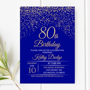 80th Birthday Invitation, Royal Blue Gold Birthday Invitation, Blue and Gold Birthday Invite, PERSONALIZED, Digital file, #W78