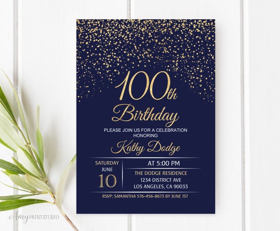 100th birthday invitation navy gold birthday invitation blue etsy