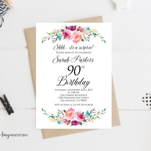 Surprise 90th Birthday Invitation, Floral Birthday Invitation, Any Age Women Birthday Invite, PERSONALIZED, Digital file, #W71