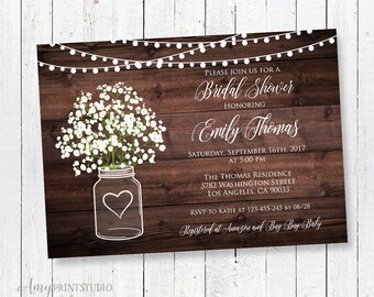 Rustic Bridal Shower Invitation, Wood Bridal Shower Invite, Baby's Breath Invitation, Mason Jar Invitation, PERSONALIZED, Digital file, #D36