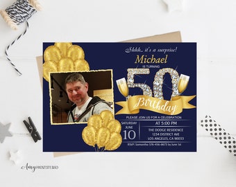 50th Birthday Invitation, Man Birthday Invitation, Gold Birthday Invite, PERSONALIZED, Any Age, Digital file, #M07