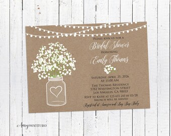 Bridal Shower Invitation, Rustic Bridal Shower Invitations, Baby's Breath Invitation, PERSONALIZED, Digital file, #D01