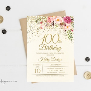 100th Birthday Invitation, Floral Birthday Invitation, Cream Birthday Invite, PERSONALIZED, Digital file, #W56