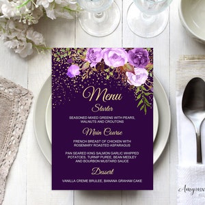 Menü Geburtstag, Florale Frauen GeburtstagSeinladung, Lila Floral Gold Geburtstag, PERSONALISIERT, Digitale Datei, #W218