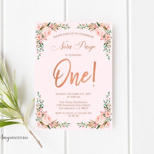 1st Birthday Invitation, Floral First Birthday Invitation, Girl Birthday Invitation, Blush Pink, PERSONALIZED, Digital file, #K02
