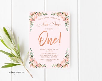 1st Birthday Invitation, Floral First Birthday Invitation, Girl Birthday Invitation, Blush Pink, PERSONALIZED, Digital file, #K02