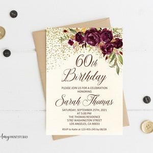 60th Birthday Invitation, Cream Burgundy Birthday, Any Age Birthday Invite, PERSONALIZED, Digital file, #W209