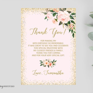 Danksagungskarte, Blumenfrauen-Dankeschön-Geburtstagskarte, Blush rosa Geburtstag, PERSONALISIERT, Digitale Datei, #W22