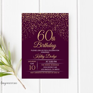 60th Birthday Invitation, Plum Gold Birthday Invitation, Purple and Gold Birthday Invite, PERSONALIZED, Digital file, #W10