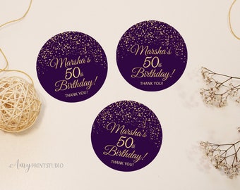 Purple Birthday Favor Tags, Purple and Gold Birthday Invite, Purple Birthday, Gold invite, PERSONALIZED, Digital file, #W17