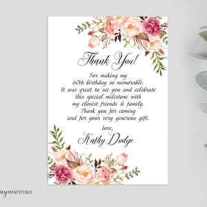 Carte de remerciement, carte de remerciement florale pour anniversaire de femme, florale d'anniversaire, personnalisée, fichier numérique, #W01