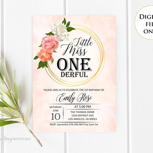 Little Miss Onederful invitation, Miss One-derful, Floral First Birthday Invitation, Blush Pink, PERSONALIZED, Digital file, #K35