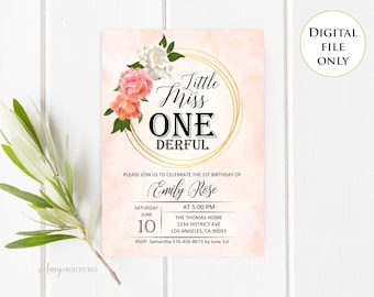 Invitación de Little Miss Onederful, Miss One-derful, Invitación de primer cumpleaños floral, Blush Pink, PERSONALIZADO, Archivo digital, #K35