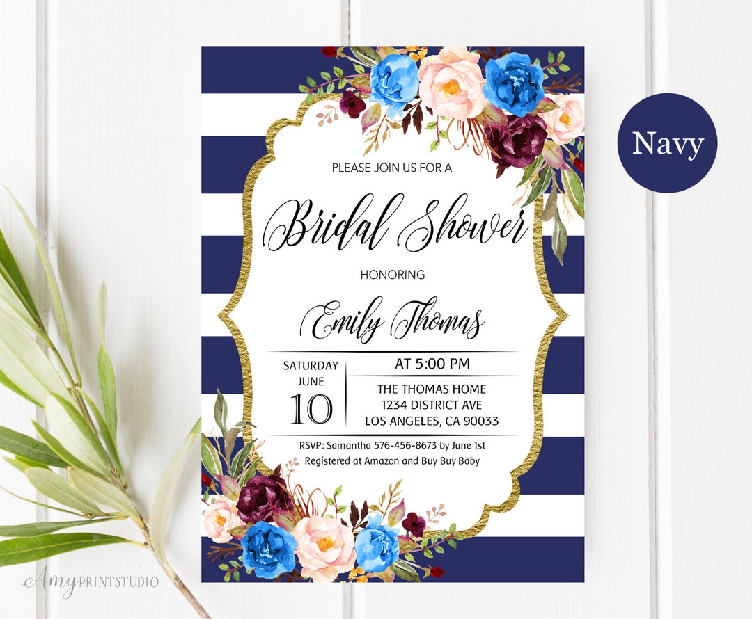 Bridal Shower Invitation, Floral Navy Bridal Shower Invitations, Striped Bridal  Shower, PERSONALIZED, Digital File, #D29 - Etsy, image size:1080x890