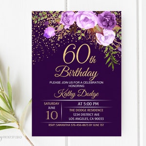 60th Birthday Invitation, Gold Birthday Invitation, Floral Gold Birthday Invite, Purple Birthday, Any Age, PERSONALIZED, Digital file, #W218