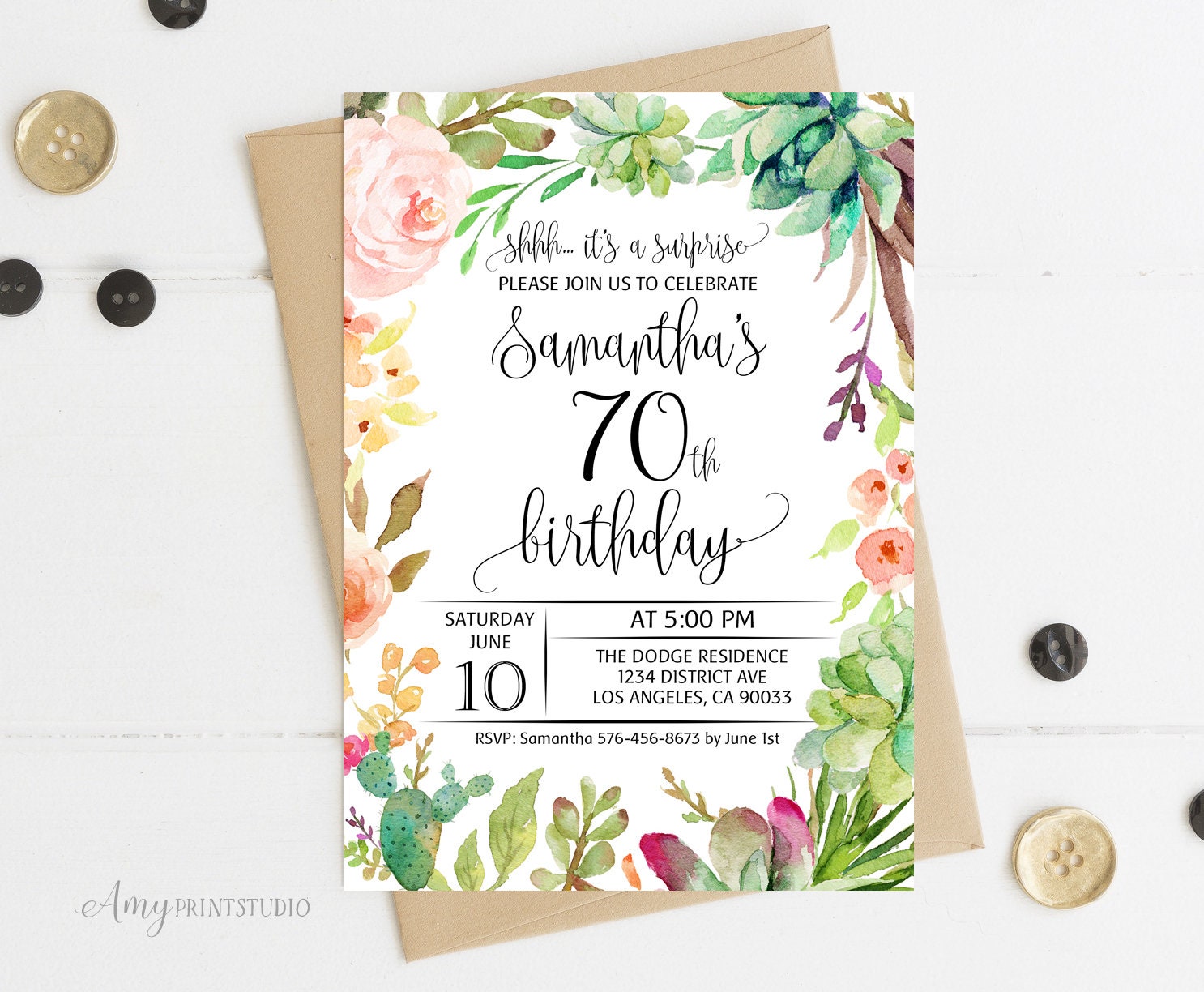 #W27 PERSONALIZED 70th Birthday Invitation Surprise Birthday Invite Floral Succulent Birthday Invitation Digital file