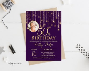 50th Birthday Invitation, Purple Birthday Invite, Purple and Gold Birthday Invite, Any age, PERSONALIZED, Digital file, #W14