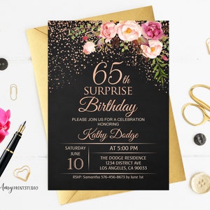 65.Geburtstags-Einladung, Blumen Frauen-Geburtstags-Einladung, Tafel-Geburtstags-Einladung, Rosegold, PERSONALISIERT, Digitale Datei, #W89