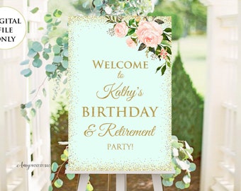 Birthday & Retirement Welcome Sign, Welcome sign Printable, Mint Welcome Sign, Floral Welcome Sign, PERSONALIZED, Digital file, #W32