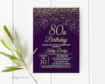 80th Birthday Invitation, Purple Gold Birthday Invitation, Purple and Gold Birthday Invite, PERSONALIZED, Digital file, #W17