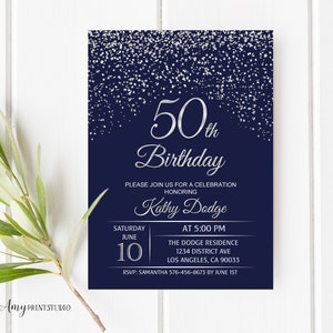 50th Birthday Invitation, Navy Silver Birthday Invitation, Blue and Silver Birthday Invite, PERSONALIZED, Digital file, #W50