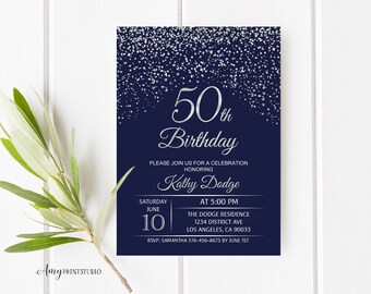 50th Birthday Invitation, Navy Silver Birthday Invitation, Blue and Silver Birthday Invite, PERSONALIZED, Digital file, #W50