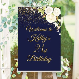 Welcome Birthday Sign, Welcome sign, Navy Gold Birthday Welcome Sign, Floral Welcome Sign, Any Age, PERSONALIZED, Digital file, #W131