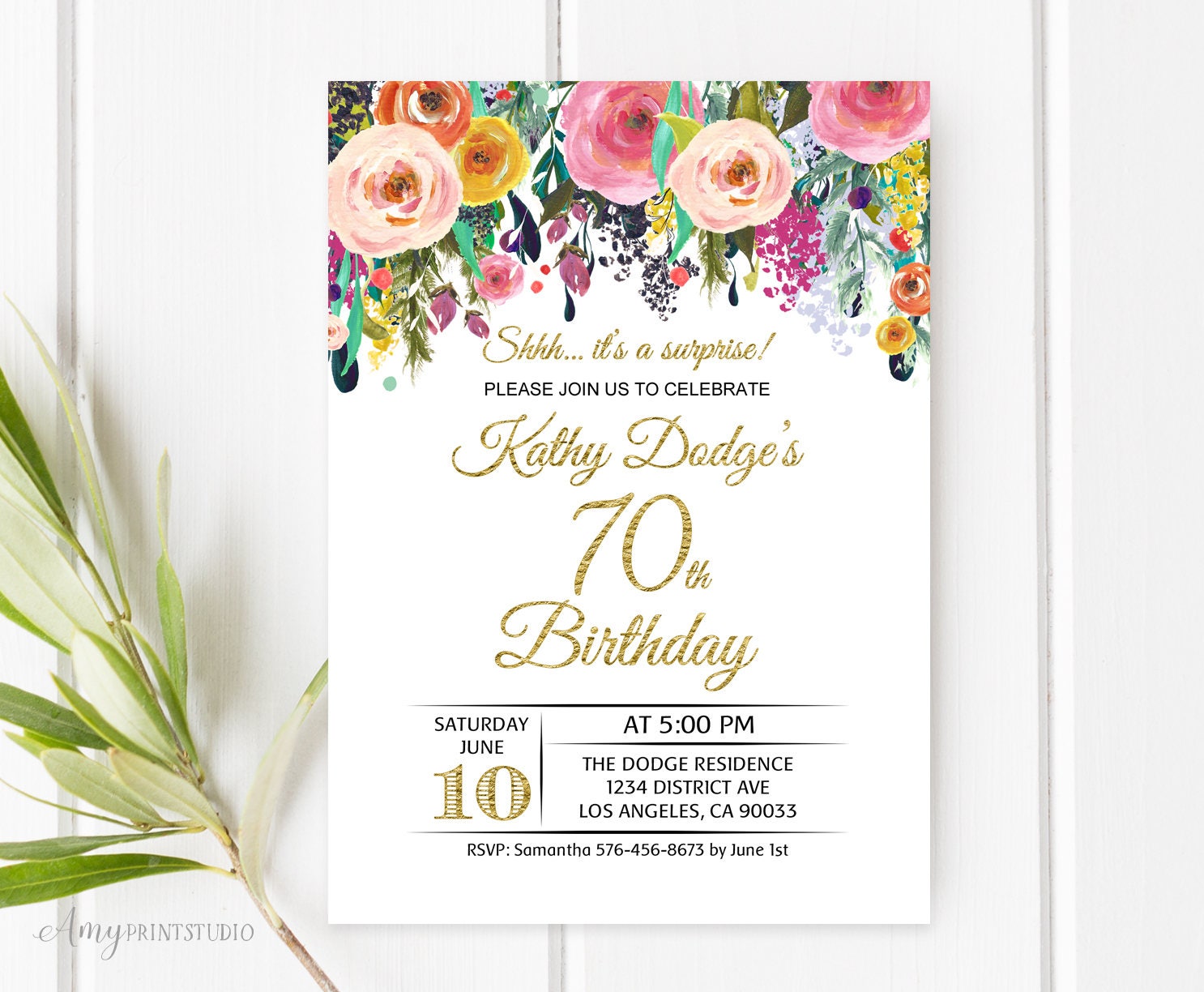 #W27 PERSONALIZED 70th Birthday Invitation Surprise Birthday Invite Floral Succulent Birthday Invitation Digital file