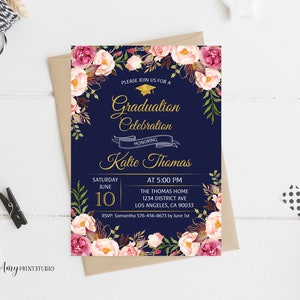 Graduation Invitation, Graduation Party Invite, Floral Graduation Invitation, PERSONALIZED, Digital file, #G09