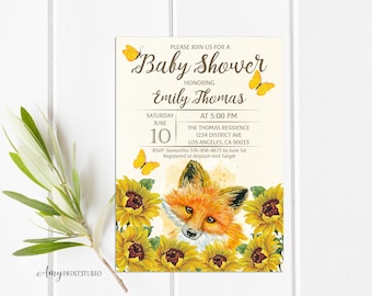 Sunflower Baby Shower Invitation, Floral Baby Shower Invite, Baby Shower Invitation, Fox Baby Shower, PERSONALIZED, Digital file, #A84