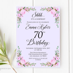 Surprise 70th Birthday Invitation, Lavender Birthday Invitation, Purple Floral Birthday Invite, Any Age, PERSONALIZED, Digital file, #W64