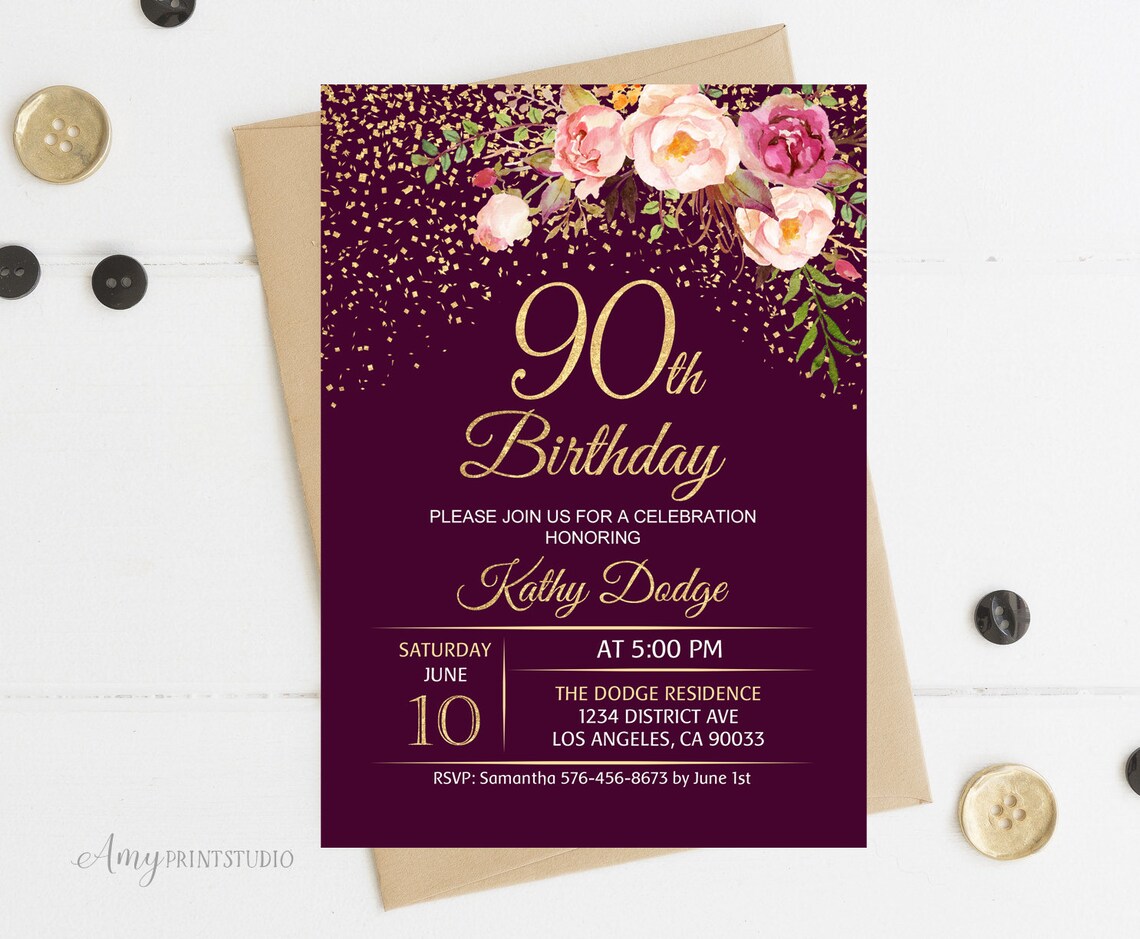 90th Birthday Invitation Purple Floral Birthday Invitation Etsy UK