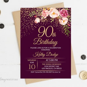 90. Geburtstag Einladung, Lila Blumen Geburtstagseinladung, jedes Alter Geburtstagseinladung, lila Invite, PERSONALIZED, Digitale Datei, #W106