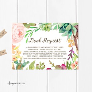 Breng een boek Baby Shower Insert, Succulent Breng een boek mee in plaats van een kaart, Boekverzoek, INSTANT DOWNLOAD, Digitaal bestand, #A05