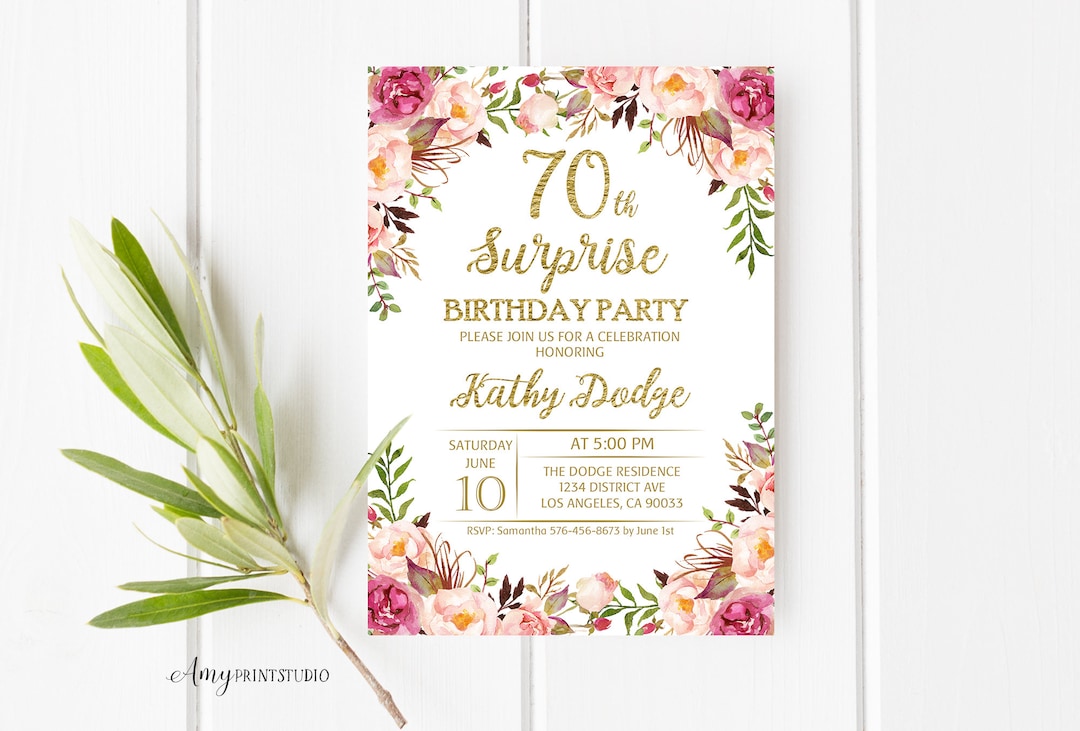Invitación de 70 cumpleaños, Invitación de fiesta de cumpleaños floral ...