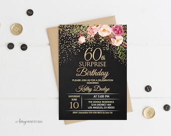 60th Surprise Birthday Invitation, Floral Women Birthday Invitation, Chalkboard Birthday Invite, PERSONALIZED, Digital file, #W16