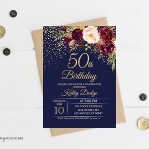 50th Birthday Invitation, Floral Women Birthday Invitation, Navy Birthday Invite, PERSONALIZED, Digital file, #W36