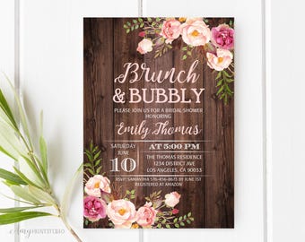 Brunch and Bubbly Bridal Shower Invitation, Rustic Bridal Shower Invitation, Rustic Floral Brunch and Bubbly, PERSONALIZED, Digital file,D10
