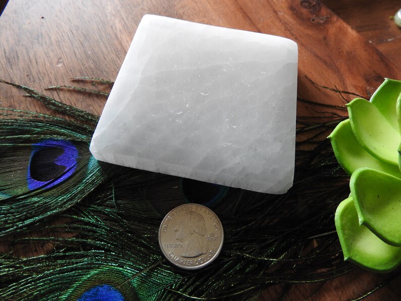 Large Square Polished Selenite Charging Plate 6 Inches Cleansing Station Flat Healing Crystal