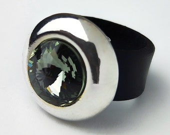 Black Leather Ring with Sparkling Crystal: Handmade Statement Jewelry
