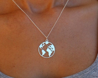 Silver World Map Necklace For Women - Dainty Gold World Map jewelry - Minimalist Traveler Pendant - Sister Gift 1