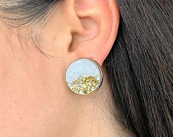 Concrete Geometric Earrings For Women, Gold Stud Earrings, Modern Concrete Jewelry, Gray Earrings, Round Stud Earring, Gift For Her