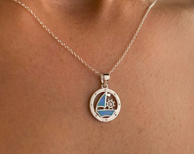 Boat Opal Necklace For Women, Silver Boat Necklace, Dainty Necklace, Opal Jewelry, Minimalist Necklace, Boat Jewelry, Nautical Necklace