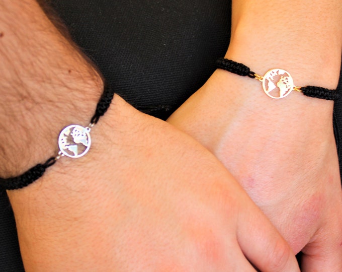 Silver World Map Couple Bracelet - Gold Friendship World Jewelry - Gift For Couples