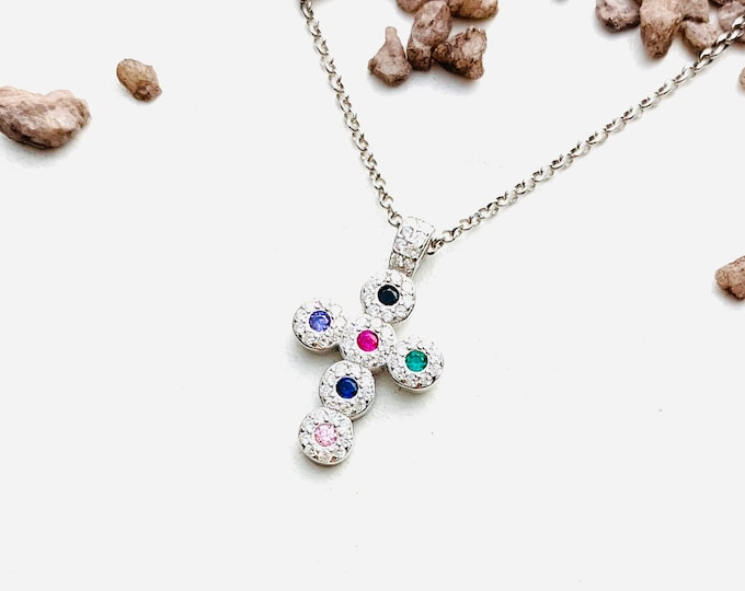 Dainty Cross Necklace For Women - Silver Necklace To Gift For Her - Minimalist Cross Jewelry - Rainbow Cross Charm Pendant