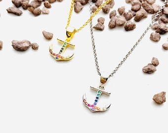 Gold Anchor Necklace For Women - Dainty Anchor Jewelry - Minimalist CZ Necklace To Gift For Her - Rainbow Charm Necklace - Charm Necklace 8