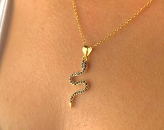 Snake Necklace For Women, Gold Necklace, Black CZ Necklace, CZ Jewelry, Snake Jewelry, Dainty Necklace, Minimalist Necklace, Animal Necklace