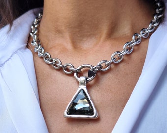 BIG TRIANGLE Crystal PENDANT - in Geometric Pendant Necklace With Chunky Steel Chain - Oversized pendant Necklace